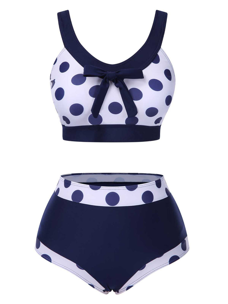 Maillot de bain taille haute à pois bleu marine des années 50