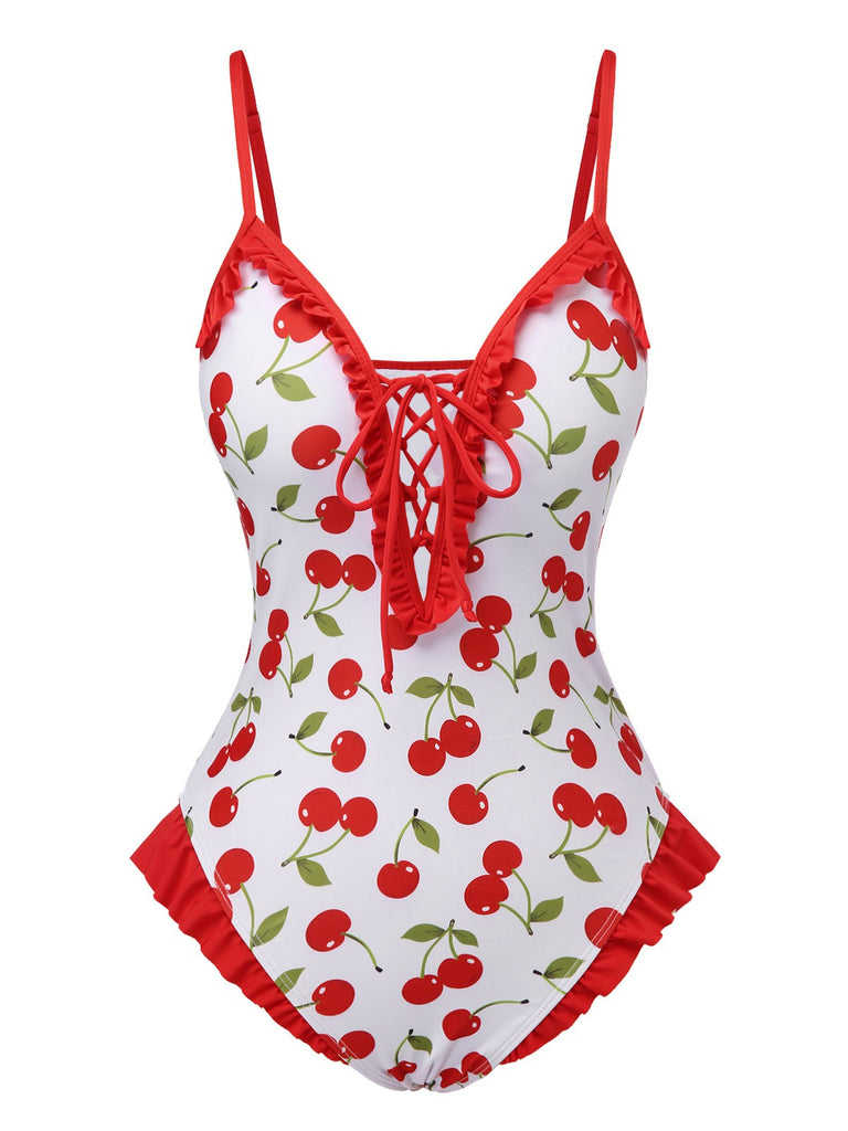 [Prévente] Maillot de bain rouge à volants et lacets cerises des années 1950