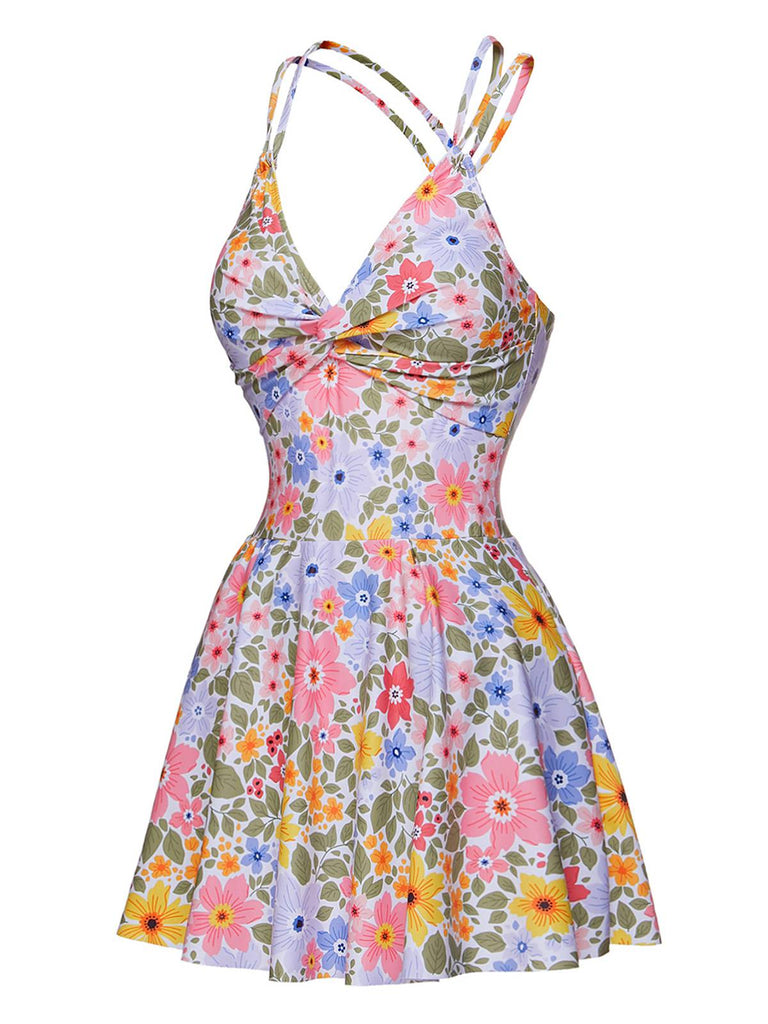 Maillot de bain en fleurs multicolore à bretelles croisées dans le dos des années 1940