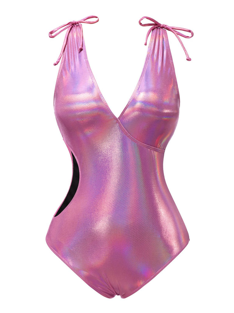 [Pré-vente] Maillot de bain rose avec nœud profond en V brillant creux années 70