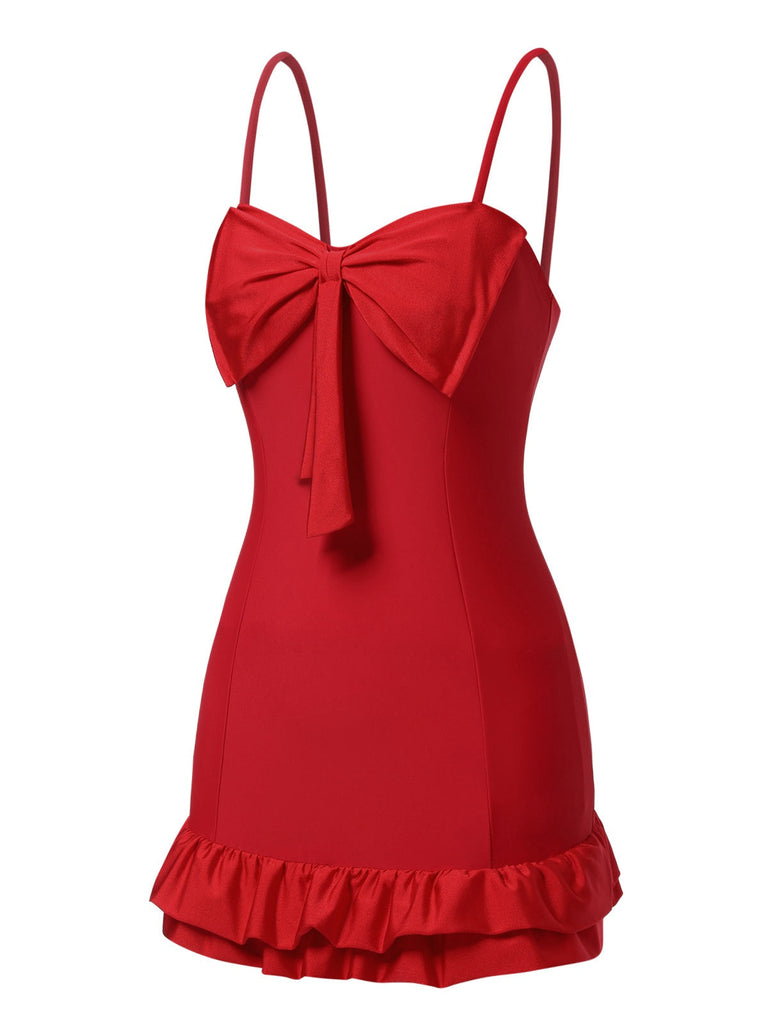 [Prévente] Maillot de bain rouge à bretelles volantées et nœud années 1930