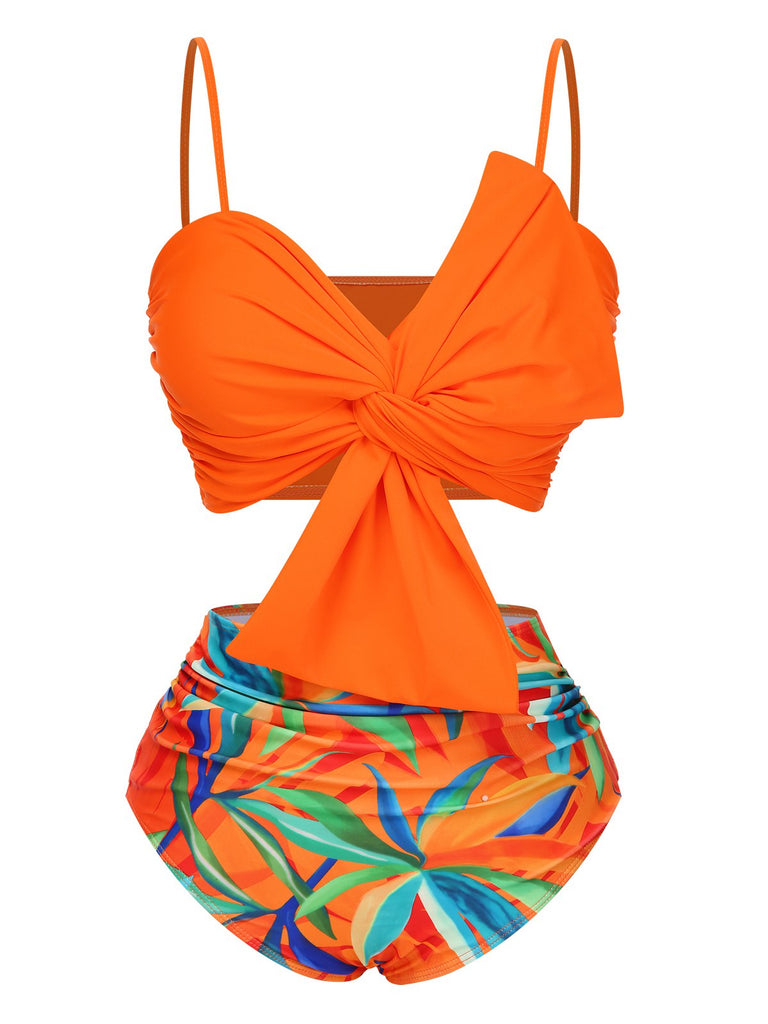 Maillot de bain orange à bretelles nouées plantes tropicales des années 1930