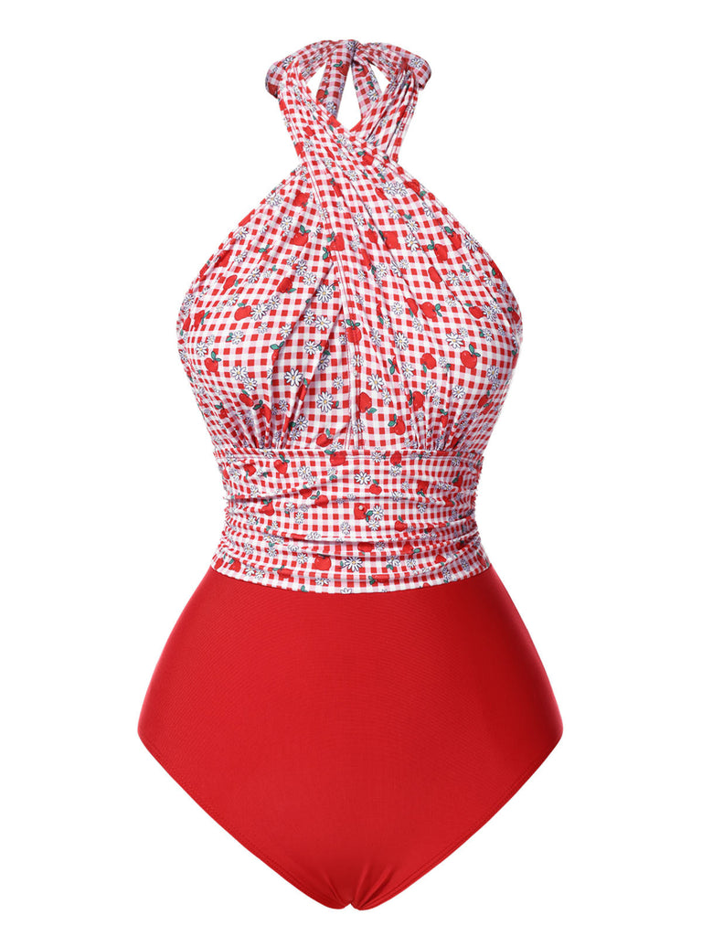 [Prévente] Maillot de bain dos nu croisé à carreaux pommes rouges des années 1950