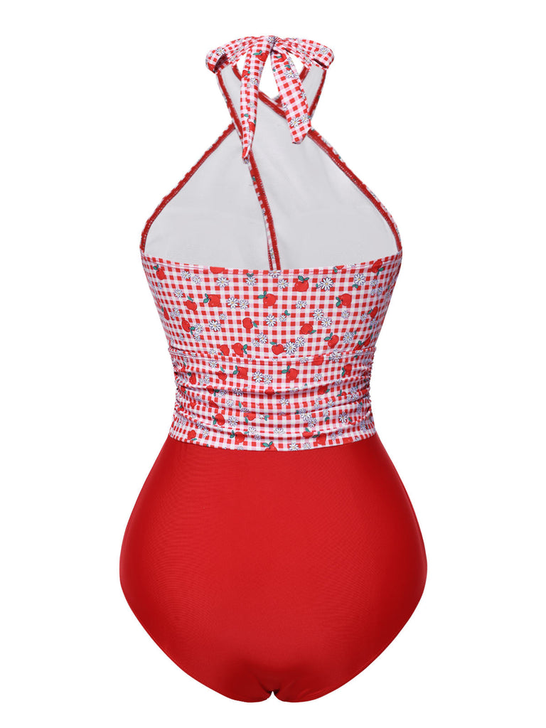 [Prévente] Maillot de bain dos nu croisé à carreaux pommes rouges des années 1950