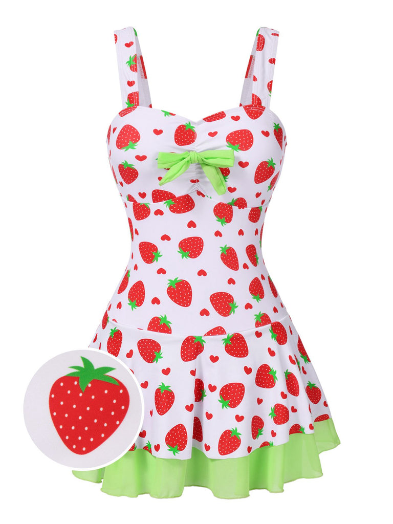 [Pré-vente] Maillot de bain robe rouge et vert avec nœud à fraises des années 40