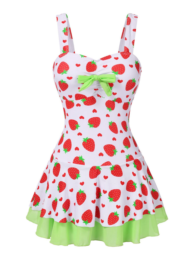 [Pré-vente] Maillot de bain robe rouge et vert avec nœud à fraises des années 40