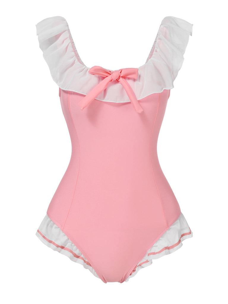 [Pré-vente] Maillot de bain une pièce rose à revers nœud papillon des années 1950