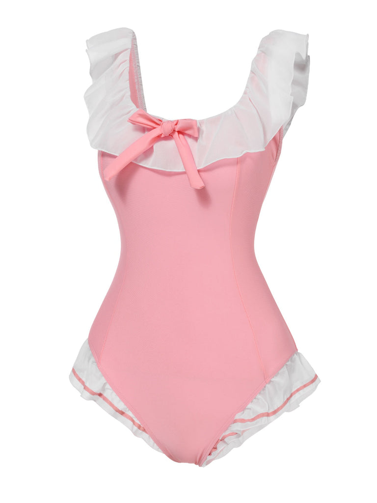 [Pré-vente] Maillot de bain une pièce rose à revers nœud papillon des années 1950