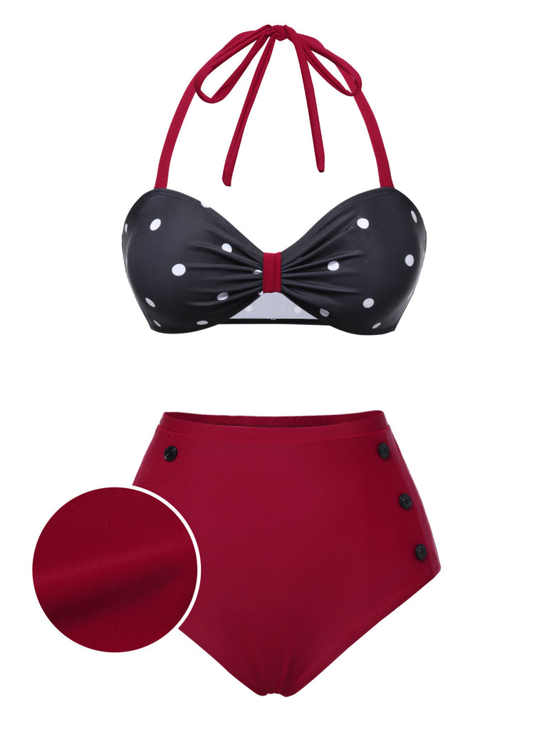 [Prévente] Ensemble bikini rouge à pois et nœud contrasté années 1930