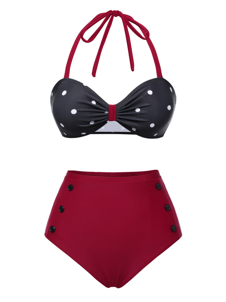 [Prévente] Ensemble bikini rouge à pois et nœud contrasté années 1930