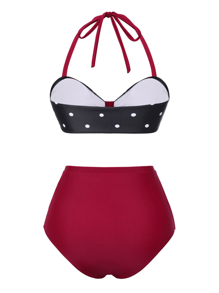 [Prévente] Ensemble bikini rouge à pois et nœud contrasté années 1930