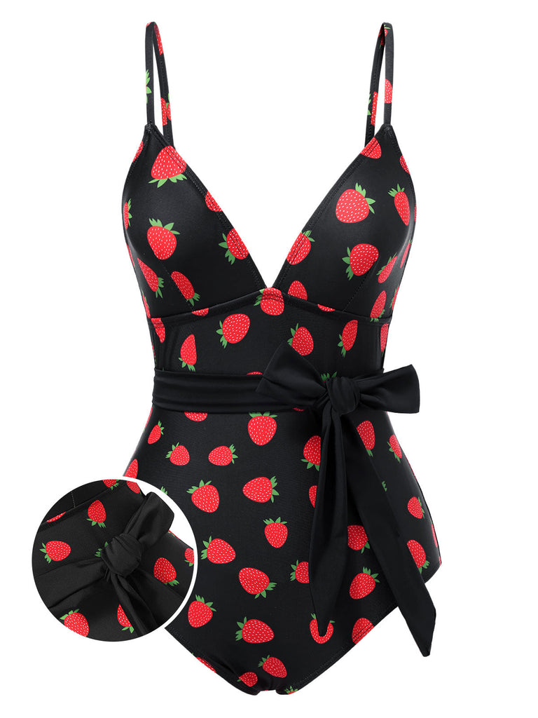 [Prévente] Maillot de bain noir fraise et nœud avec ceinture années 50