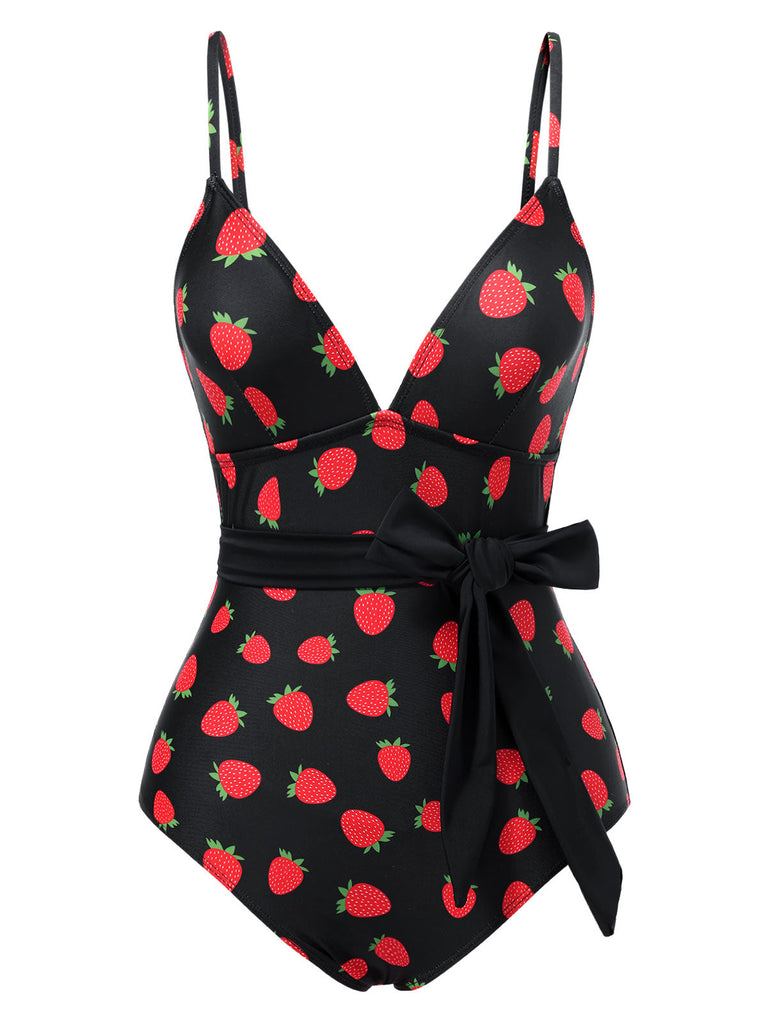 [Prévente] Maillot de bain noir fraise et nœud avec ceinture années 50