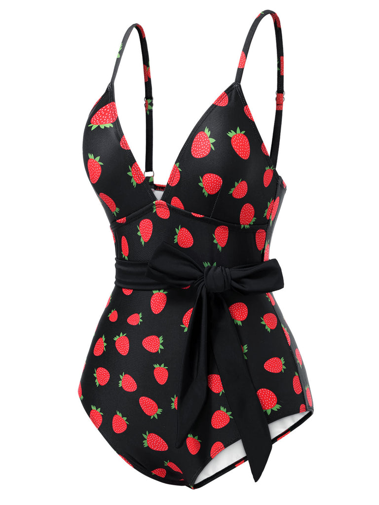 [Prévente] Maillot de bain noir fraise et nœud avec ceinture années 50