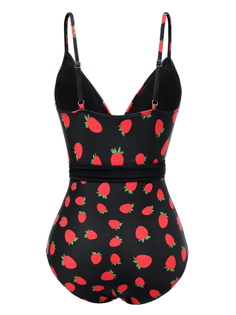 [Prévente] Maillot de bain noir fraise et nœud avec ceinture années 50