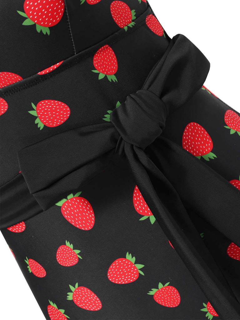 [Prévente] Maillot de bain noir fraise et nœud avec ceinture années 50