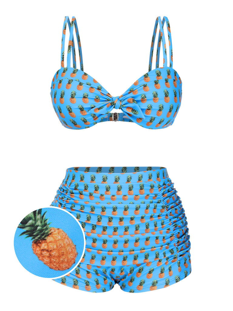 [Prévente] Maillot de bain à bretelles bleu ananas et nœud années 50