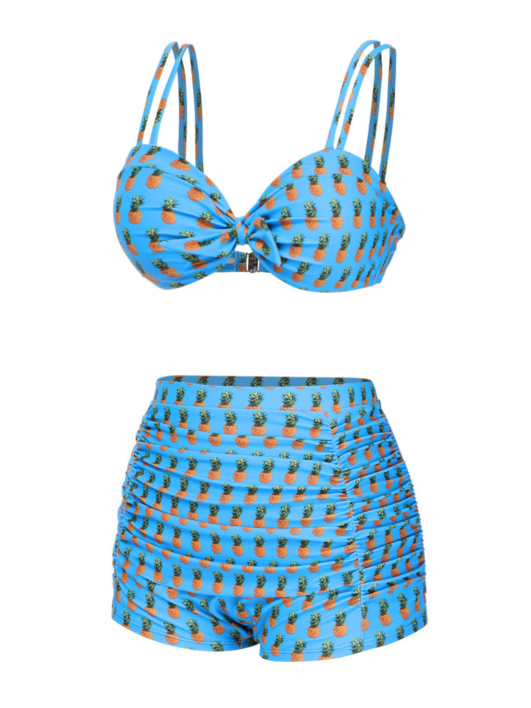 [Prévente] Maillot de bain à bretelles bleu ananas et nœud années 50