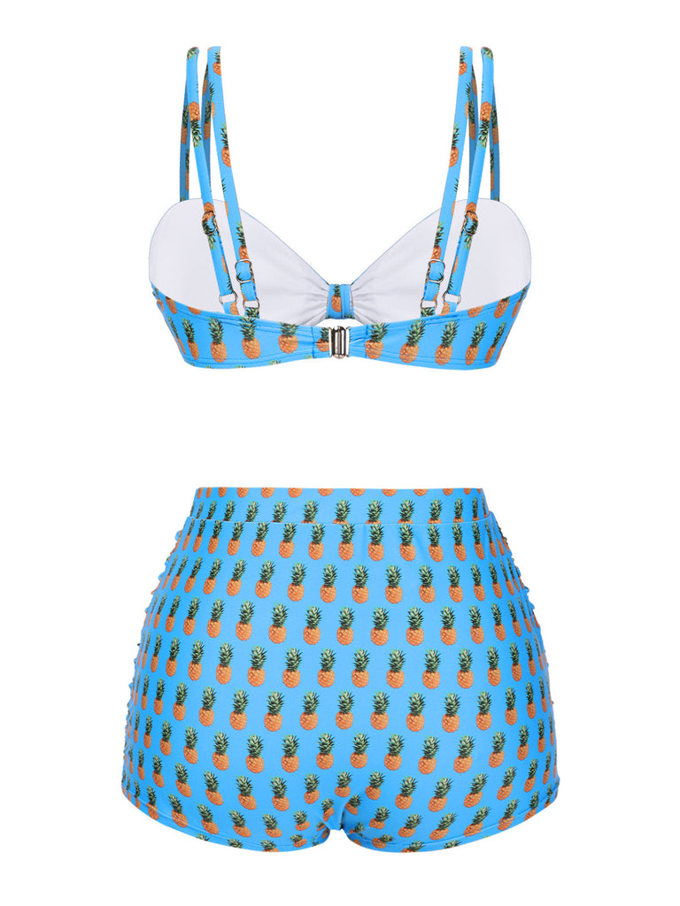 [Prévente] Maillot de bain à bretelles bleu ananas et nœud années 50