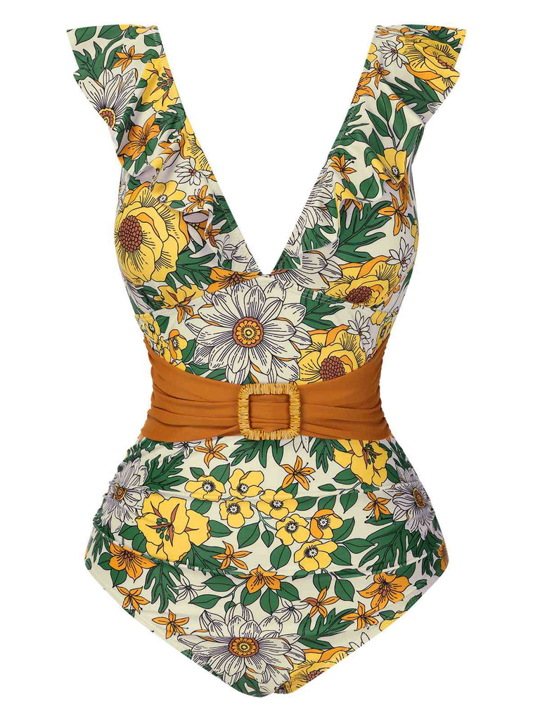 Maillot de bain à volants tournesols avec ceinture anneaux des années 1950