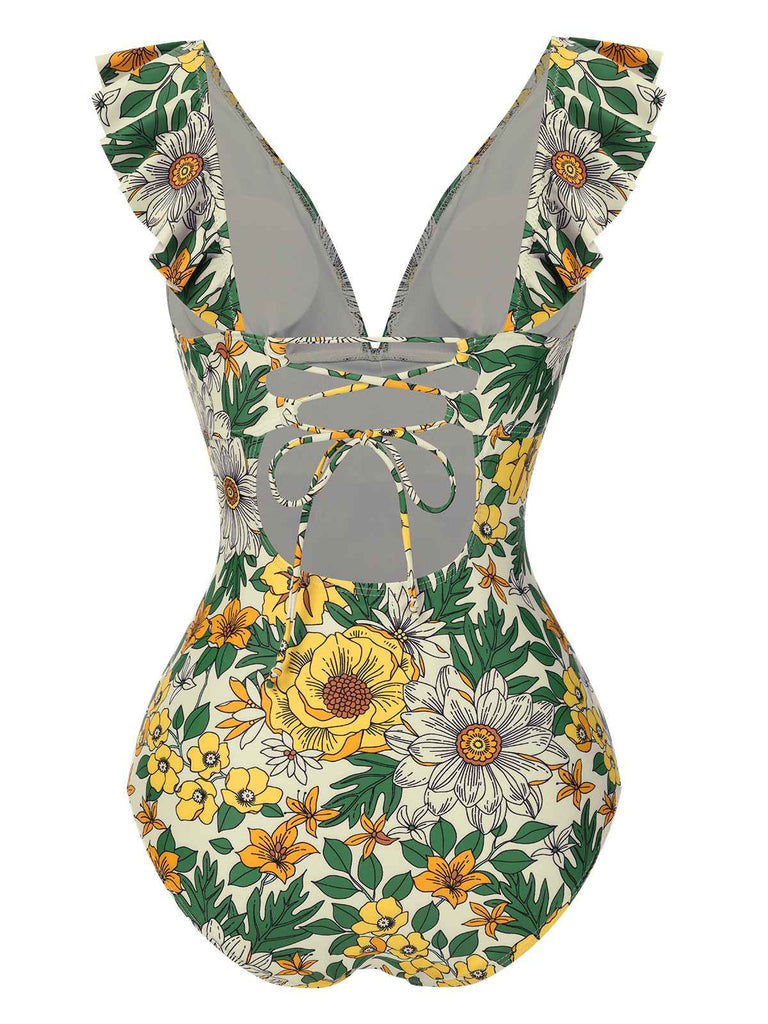 Maillot de bain à volants tournesols avec ceinture anneaux des années 1950