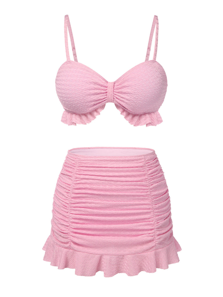 [Pré-vente] Maillot de Bain uni rose à bretelles et volants des années 1950