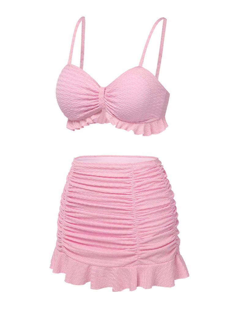 [Pré-vente] Maillot de Bain uni rose à bretelles et volants des années 1950