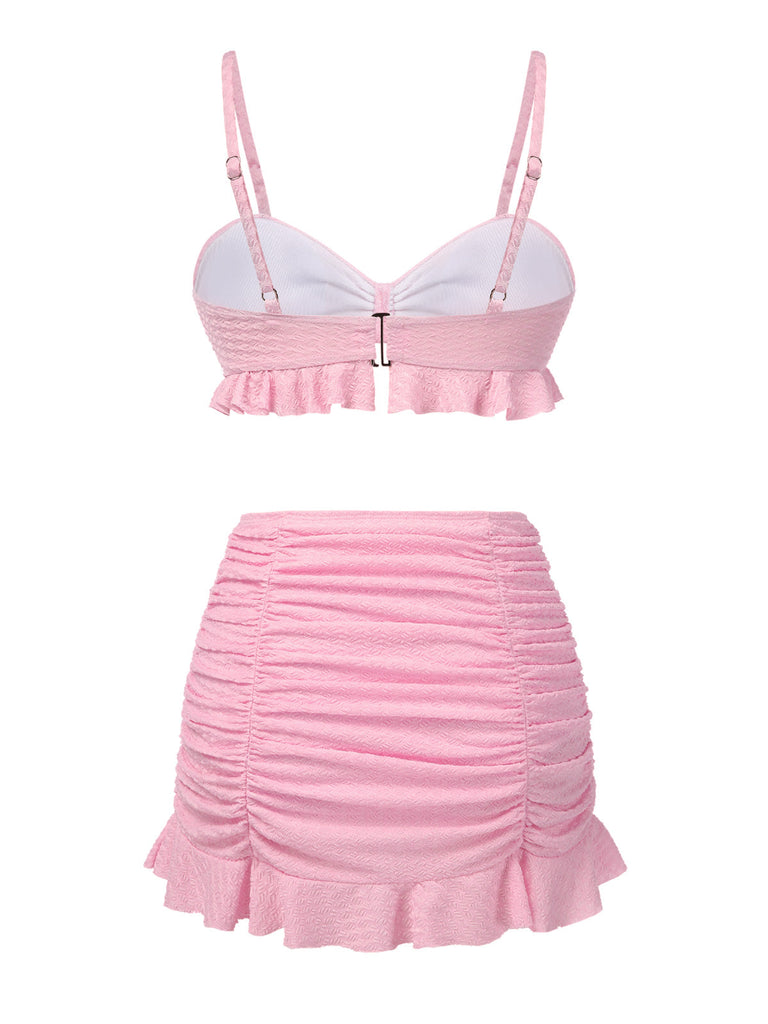 [Pré-vente] Maillot de Bain uni rose à bretelles et volants des années 1950