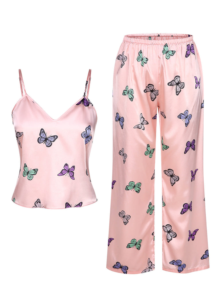 2PCS Pyjama rose à col en V et bretelles papillon des années 1950