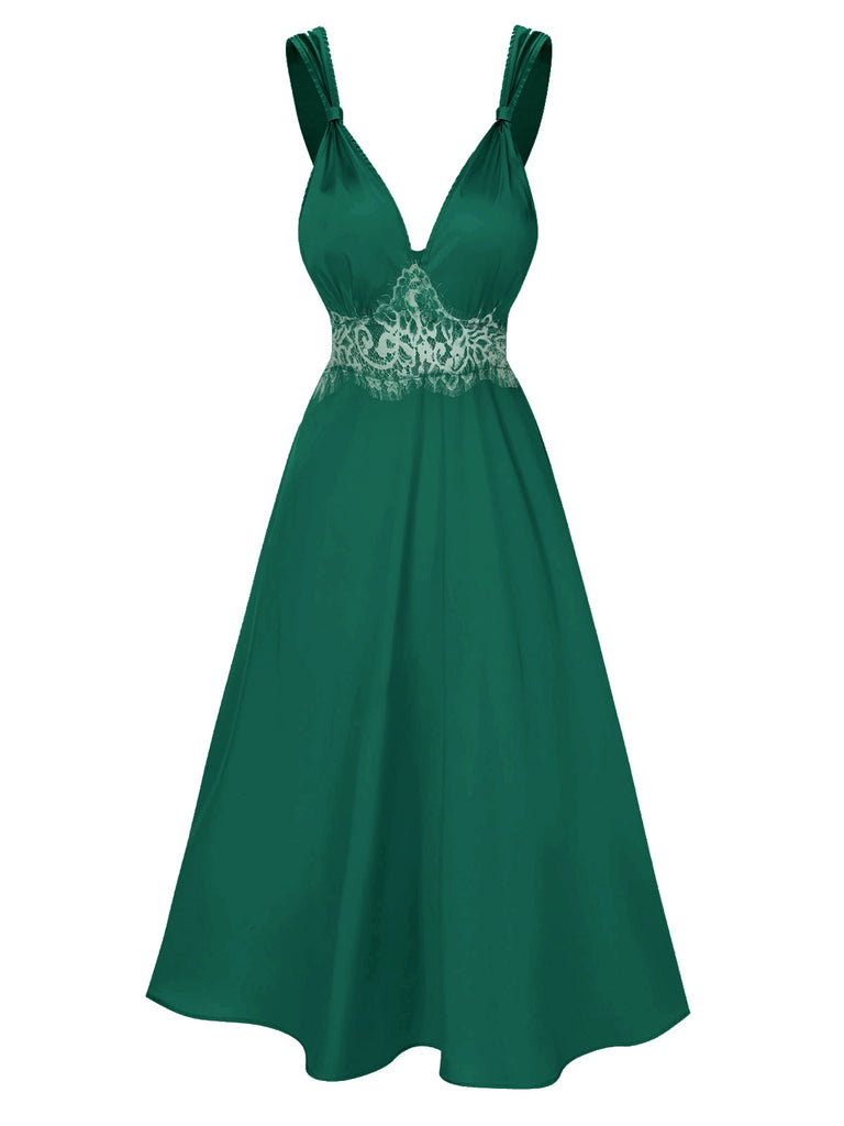 [Pré-vente] Chemise de nuit en satin vert uni en dentelle des années 1930