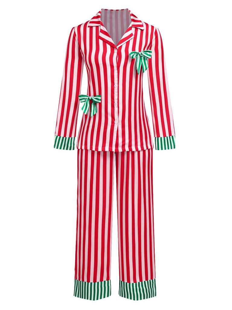 [Pré-vente] Pyjama rayé rouge à revers et nœud de Noël des années 1970