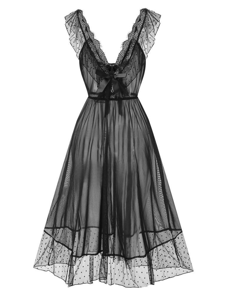 Chemise de nuit transparente noire à pois et bordures en dentelle des années 1940