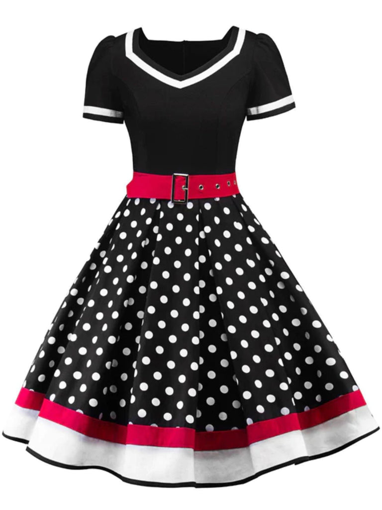 Robe Rockabilly Swing Vintage Année 50 Pois Ceinturée Cocktail et ensemble d'accessoires