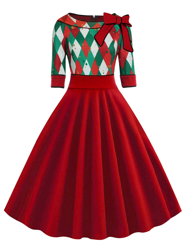 Robe Rouge à Carreaux De Noël Des Années 1950 Avec Nœud Décoratif