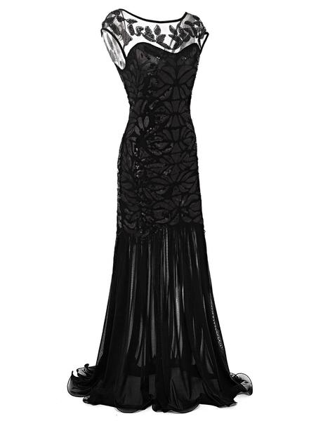 Robe Charleston Vintage Flapper Année 20 Gatsby Maxi à Paillettes Noire Soirée