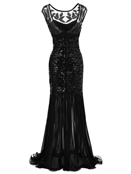 Robe Charleston Vintage Flapper Année 20 Gatsby Maxi à Paillettes Noire Soirée