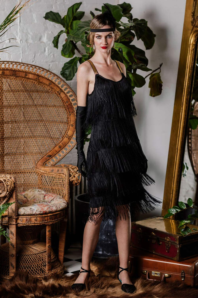 Costume Femme Charleston - Années 20 - Noir (Robe Longue, Bandeau