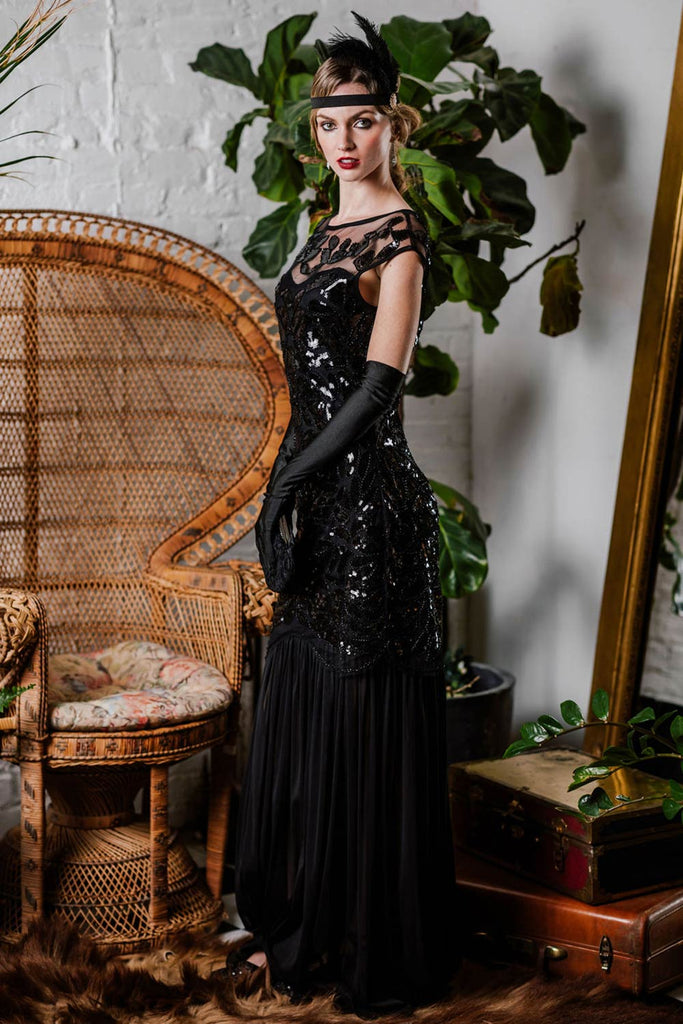 Robe Gatsby Femme Robe Flapper Charleston Pailletée avec Frange Années 20  Vintage Robe de Soirée Cocktail Col V Rétro sans Manche (FR/ES,  Alpha/Lettres, M, Taille Normale, Taille Normale, Noir) : : Mode