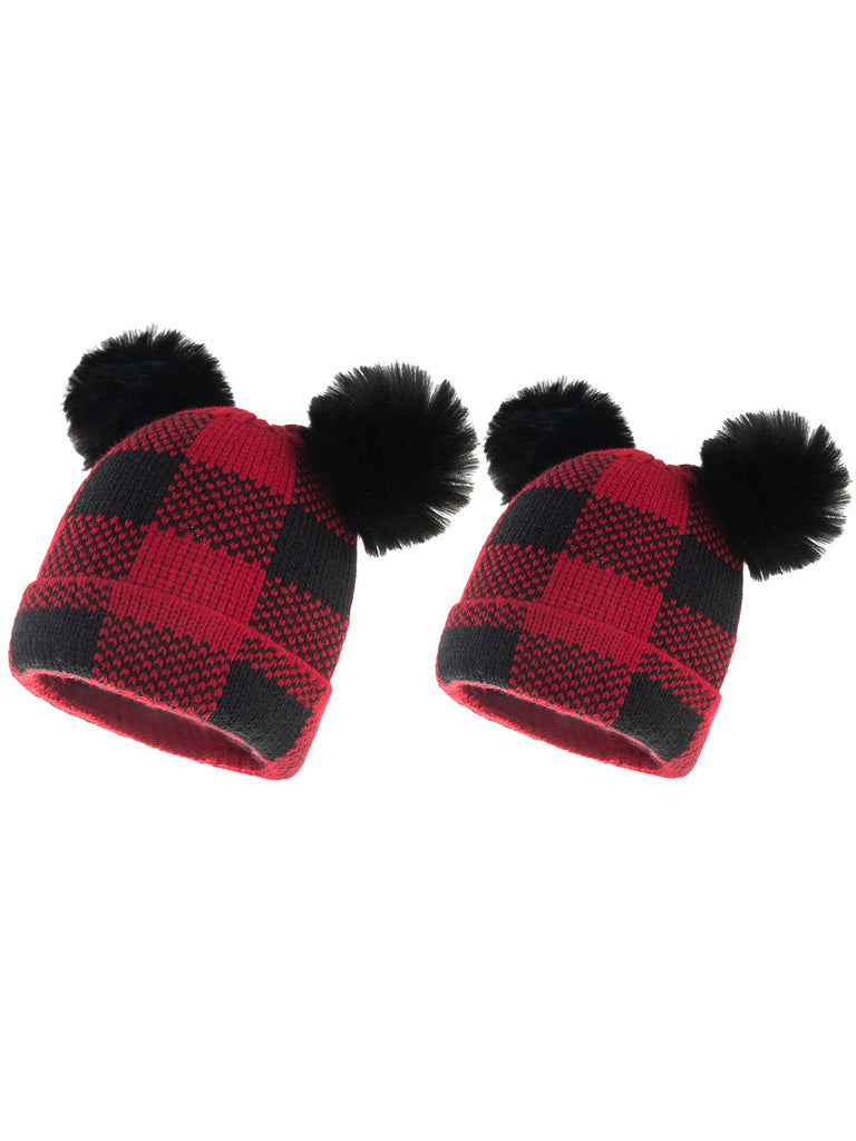 Chapeaux de Noël Maille à Carreaux Rouge et Noir Avec Deux Boule de Poils Enfant