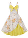 Robe contrastée jaune à bretelles en patchwork floral des années 1950