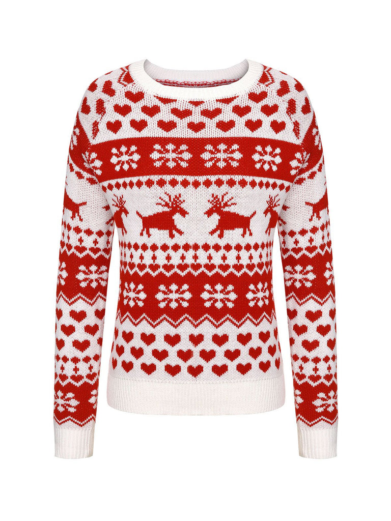 Pull de Noël rouge et blanc avec motif d'élan des années 40