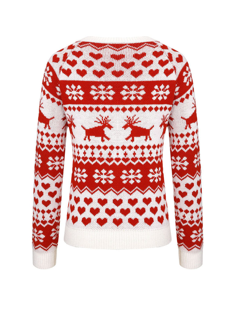 Pull de Noël rouge et blanc avec motif d'élan des années 40