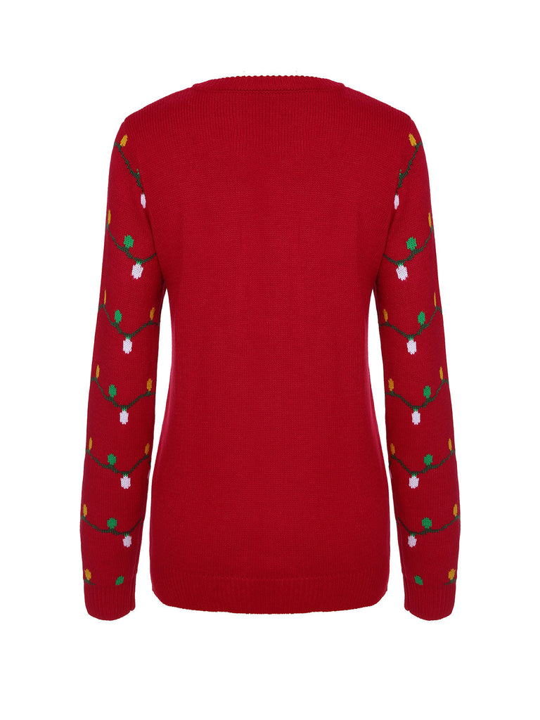 Pull tricoté rouge motif sapin de Noël des années 40