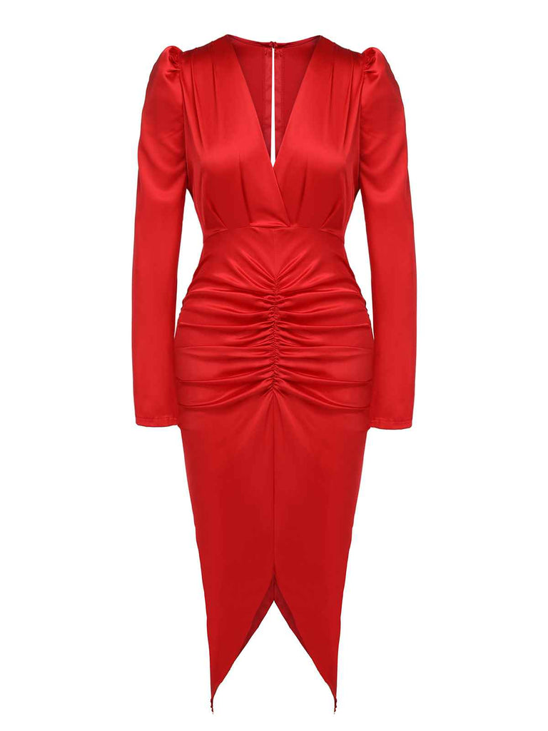 Robe formelle plissée rouge des années 1960 à col en V