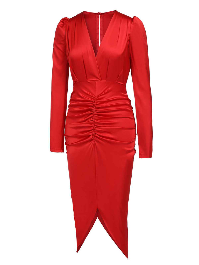 Robe formelle plissée rouge des années 1960 à col en V