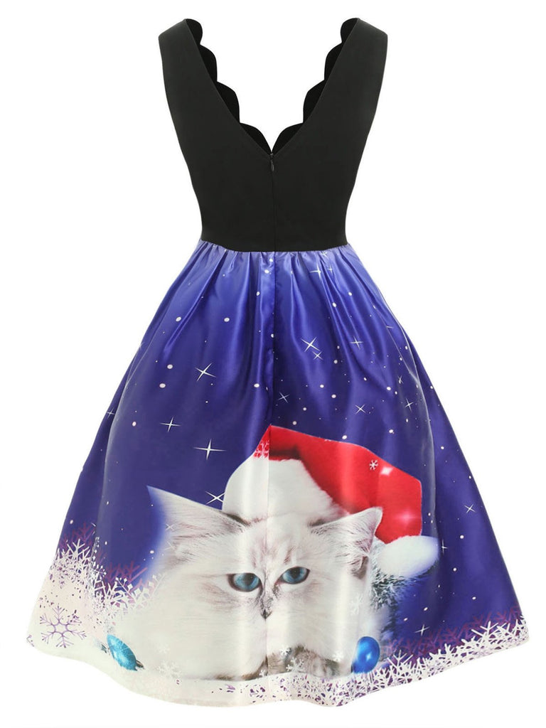 Robe de Noël Années 50 Bleue de Chat de Noël Chic et Classe