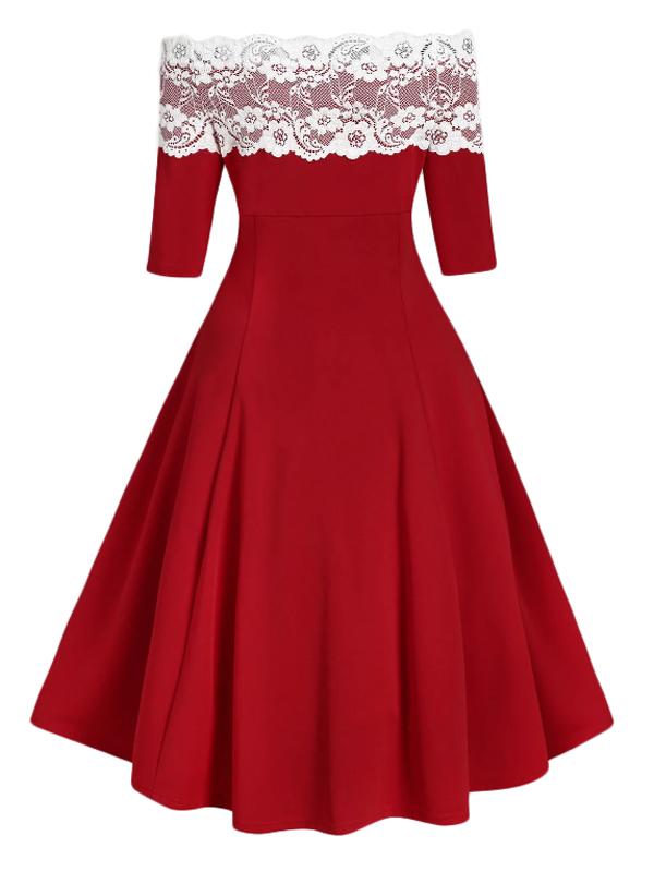 Robe de Noël Vintage Année 50 Dentelle Epaule Nue Demi Manches Soirée Cocktail