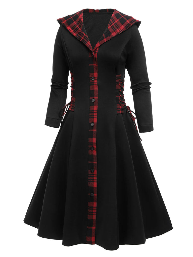 Robe trapèze noire à capuche années 1950 à carreaux