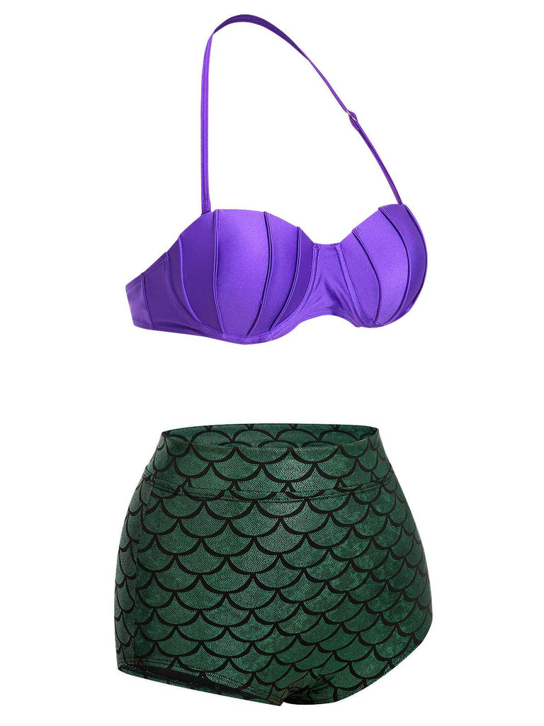 Maillot de bain sirène licou violet et vert des années 1950