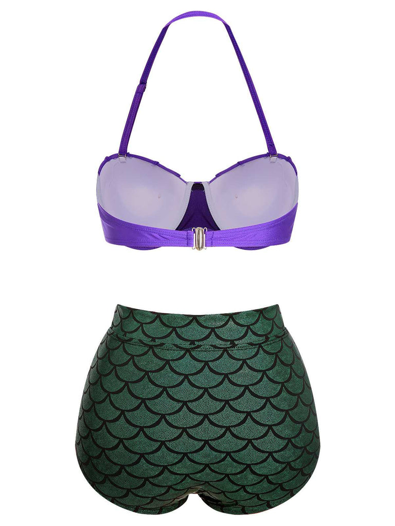 Maillot de bain sirène licou violet et vert des années 1950